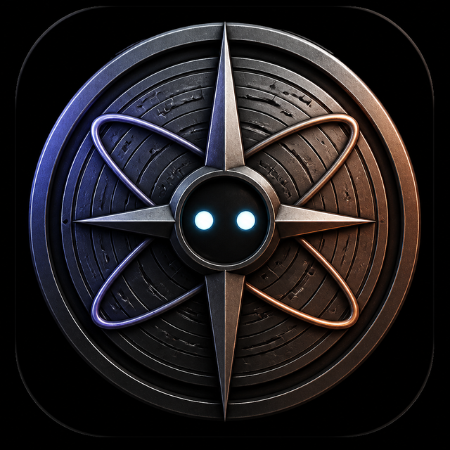 ThinkCore mark: a metallic vault seal with two cyan bot-lens eyes